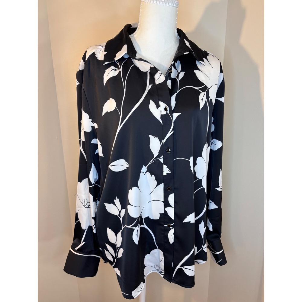 Rachel Zoe Black White Floral Satin Button Down Blouse Top Large